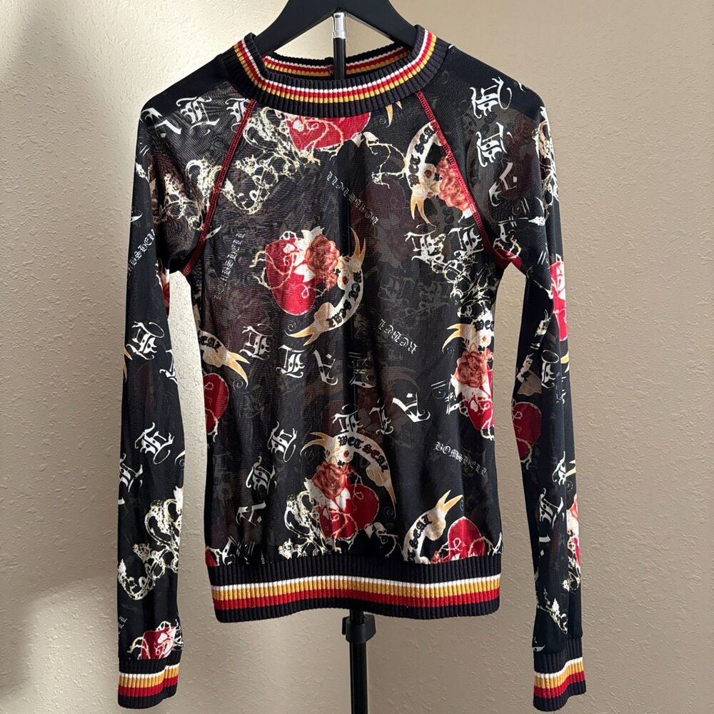 Vintage Wet Seal Y2K Tattoo Print Sheer Mesh Long Sleeve Top